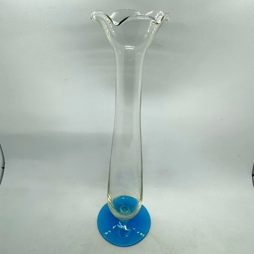 Vintage Tulip Style Fluted Glass Bud Vase w/ Vibrant Blue Base.